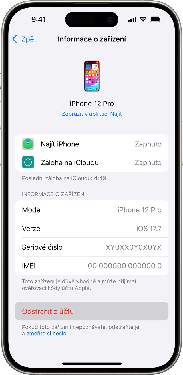 iPhone se zobrazeným tlačítkem Odstranit z účtu pro zařízení