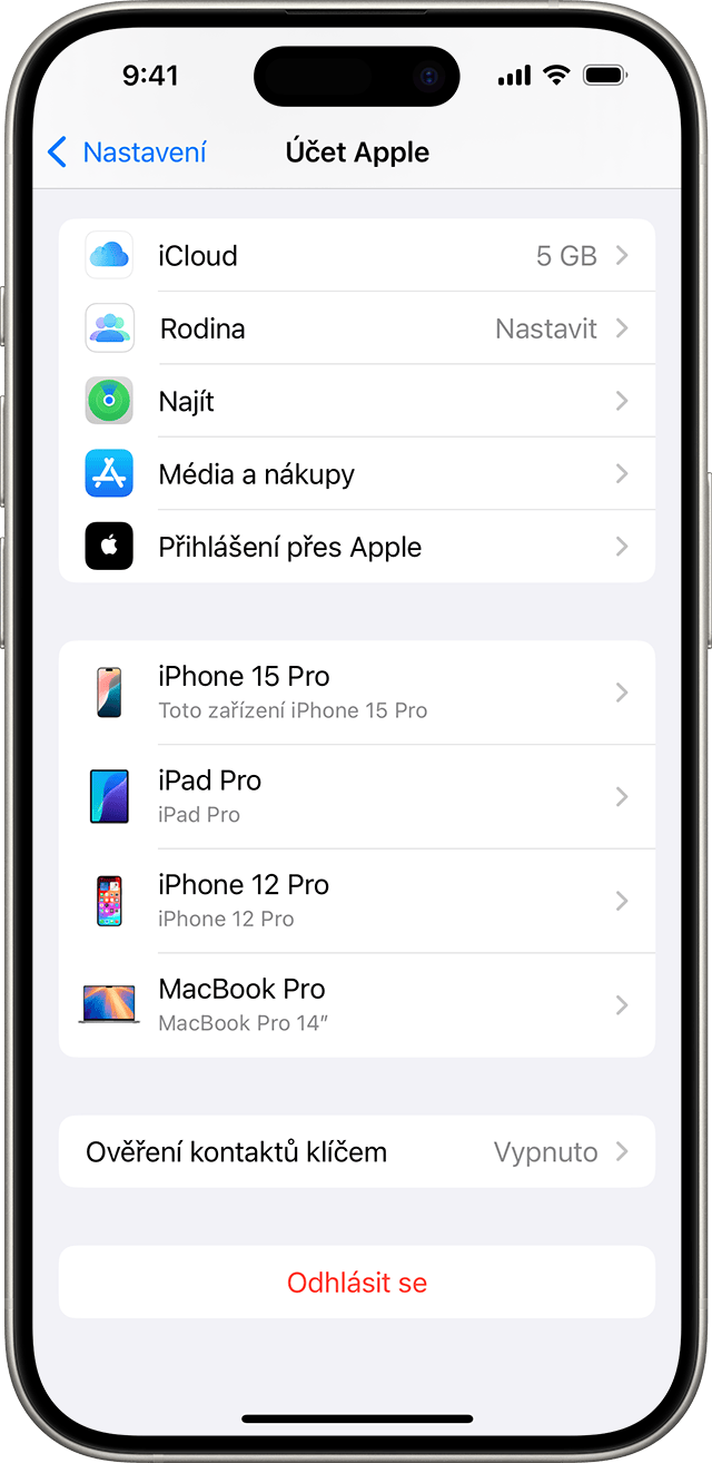 Nastavení iPhonu se zobrazeným seznamem zařízení