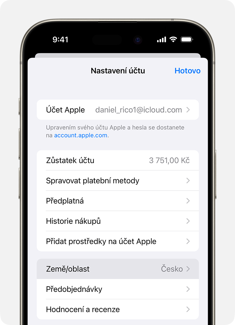 iPhone zobrazující zemi/oblast v nabídce Nastavení účtu