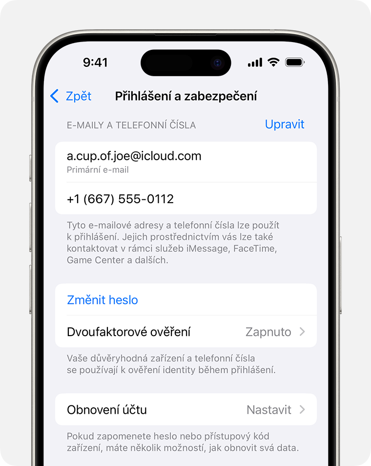 V nastavení účtu Apple najděte e-mailové adresy a telefonní čísla, které můžete použít pro přihlášení k účtu Apple