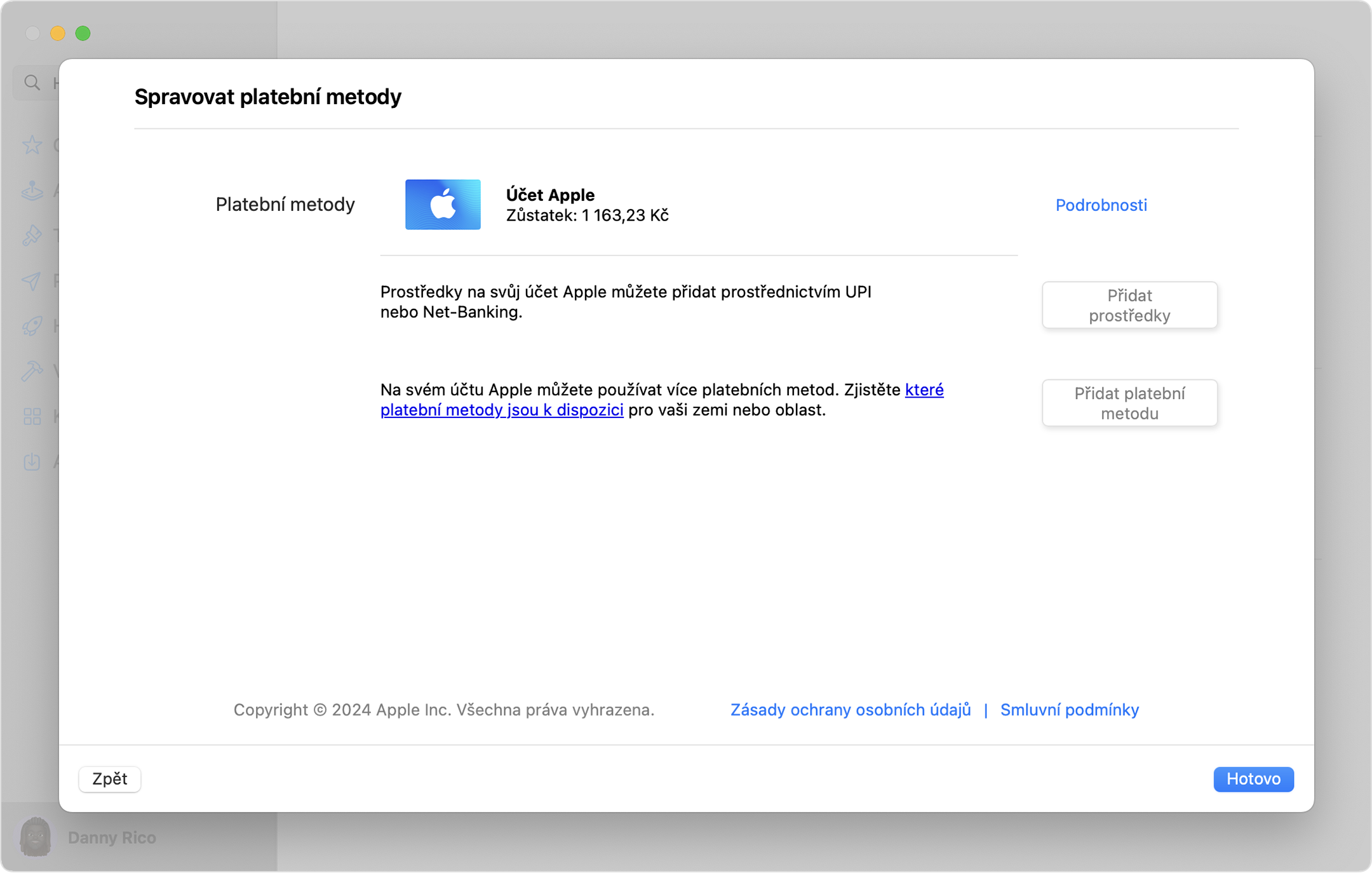 Obrazovka Macu s nastavením Spravovat platby se zvýrazněným tlačítkem Přidat platbu.