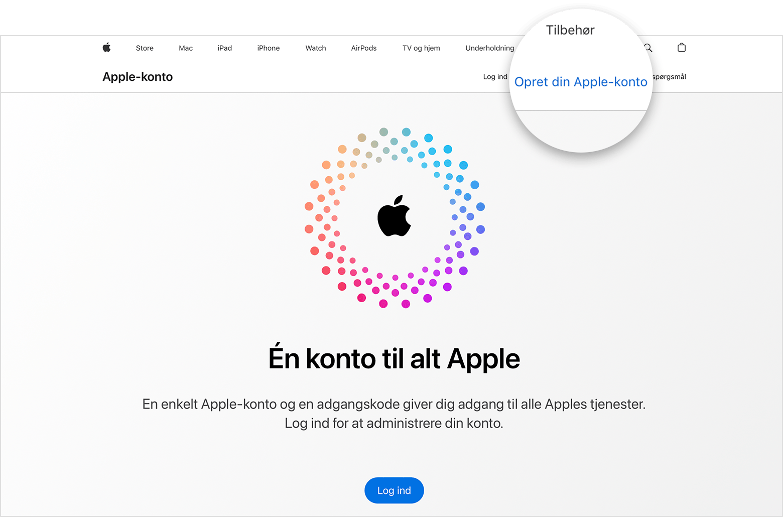 Skærm med visning af linket Opret din Apple-konto på nettet