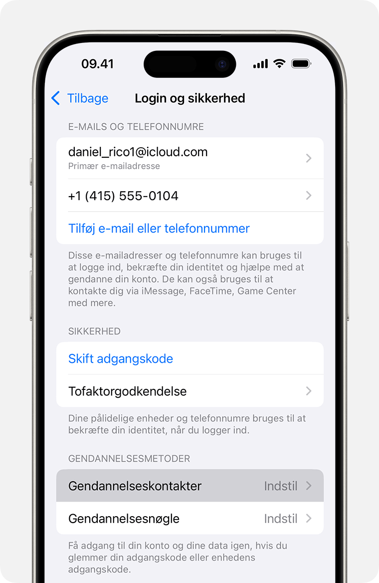 iPhone med visning af Apple-kontoindstillingerne, og hvordan man tilføjer en gendannelseskontakt