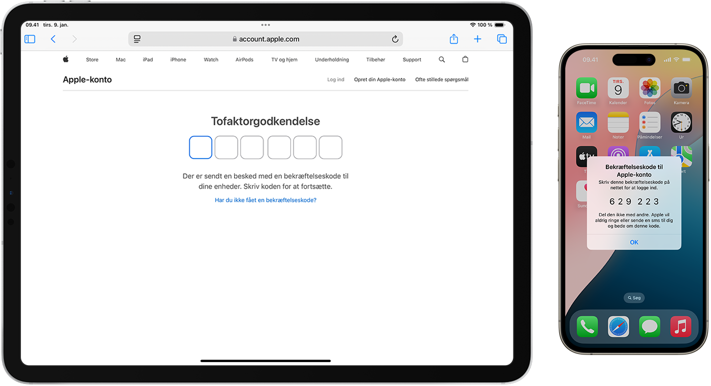 Et websted, der beder om en sekscifret bekræftelseskode, og en iPhone med visning af en sekscifret bekræftelseskode