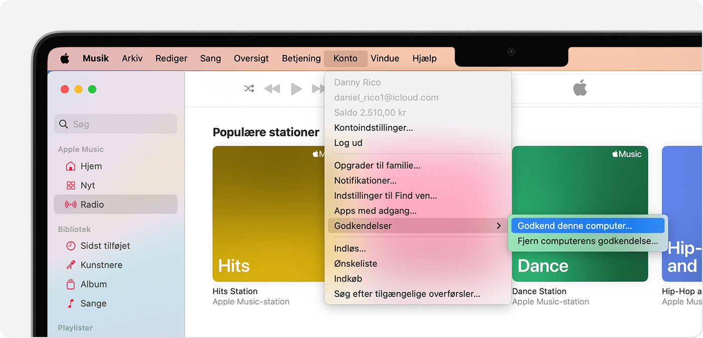 Appen Apple Music på Mac med visning af Godkend denne computer eller Fjern godkendelse af denne computer