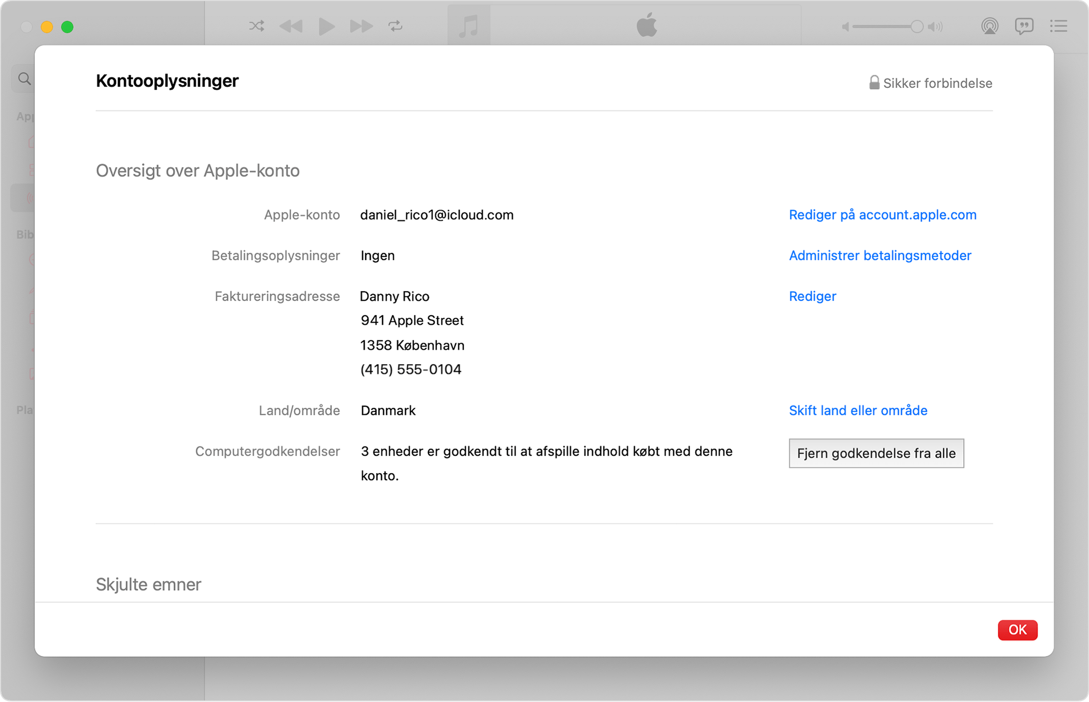 Appen Apple Music på Mac med visning af siden Kontooplysninger og knappen Fjern godkendelse af alle