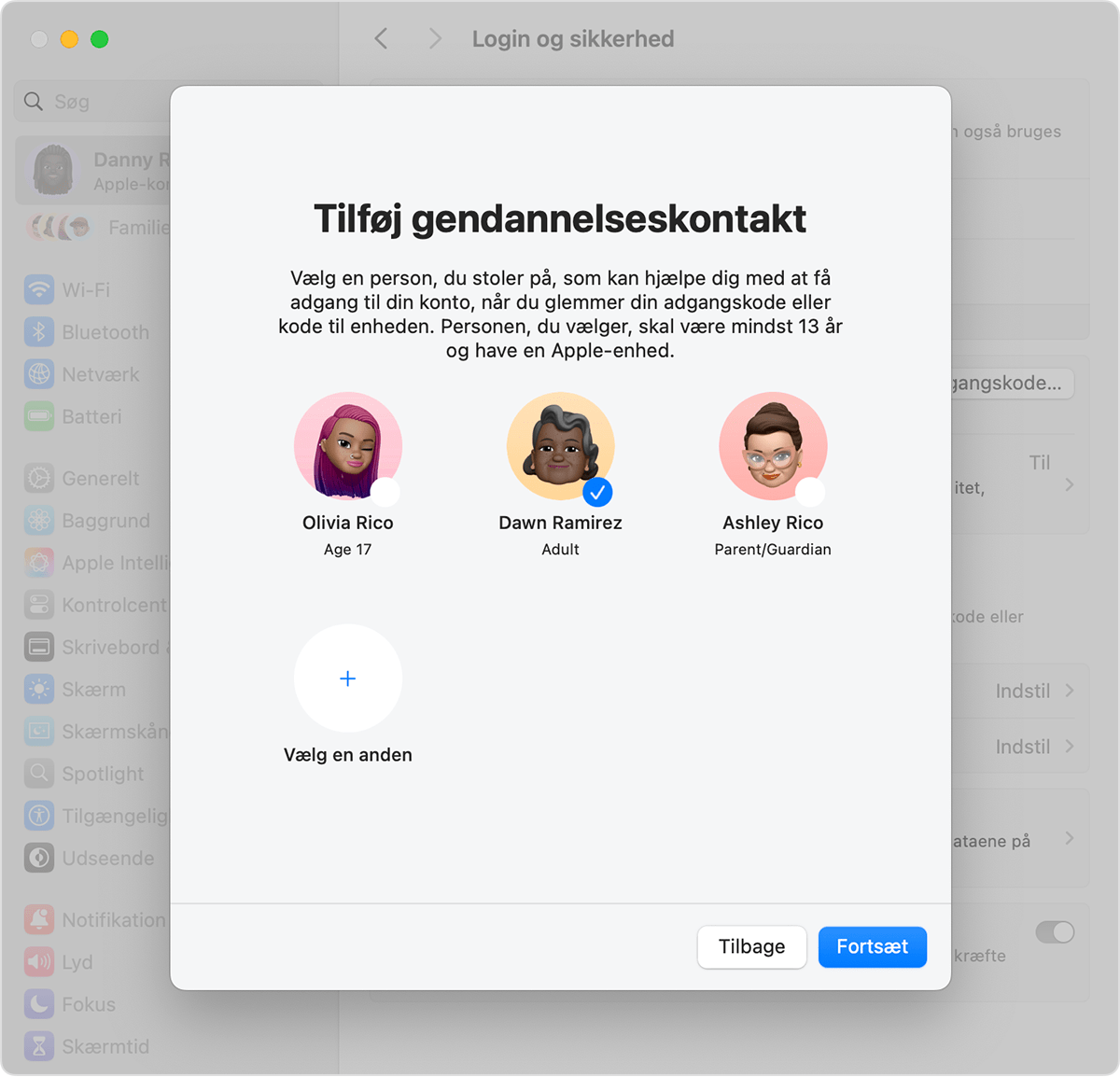 Mac med visning af kontakter, du kan tilføje som gendannelseskontakt