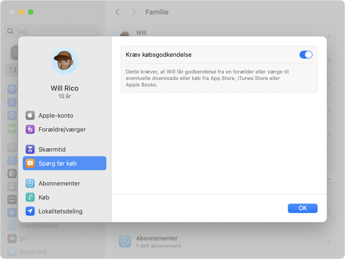 Når du har klikket på et familiemedlems navn, vises Spørg før køb i indholdsoversigten.