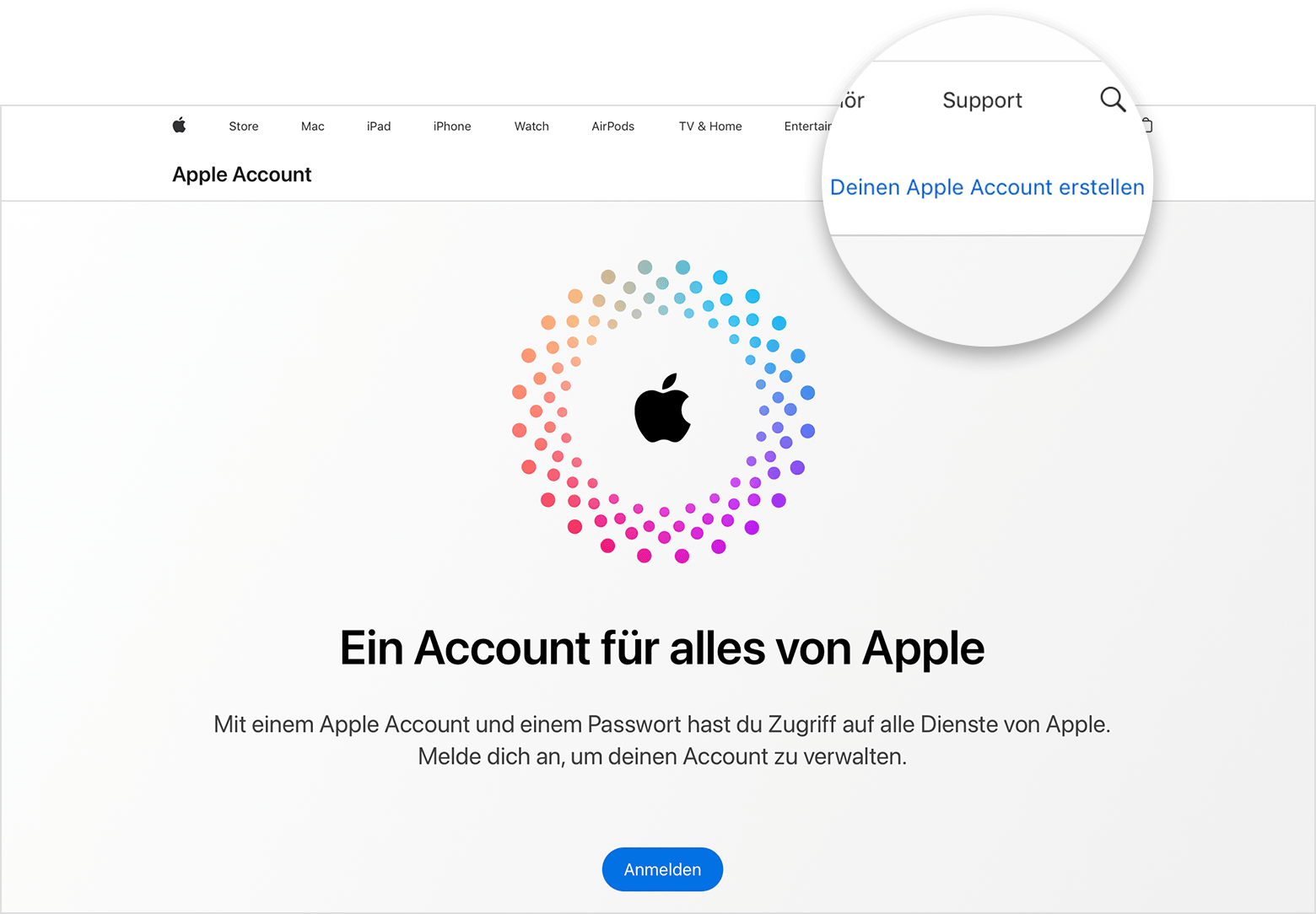 Webbildschirm, auf dem der Link „Einen Apple Account erstellen“ angezeigt wird