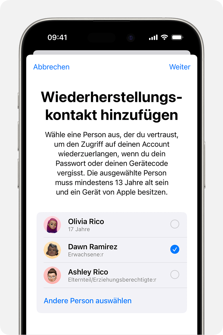 iPhone mit Kontakten, die als Kontakt für die Wiederherstellung hinzugefügt werden können