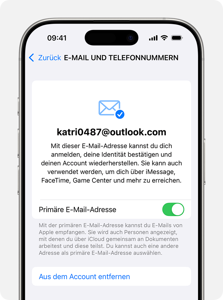 iPhone mit Apple Account-Einstellungen und Optionen zum Ändern der primären E-Mail-Adresse