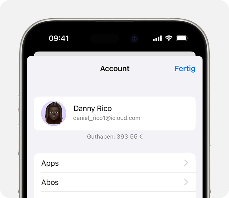 Der Bildschirm „Account“ im App Store auf iOS mit hervorgehobenem Accountguthaben.