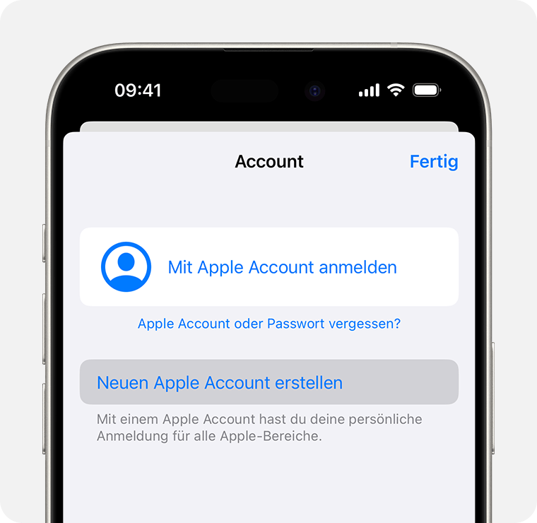 iPhone-Bildschirm, der die Option zum Erstellen eines neuen Apple Accounts anzeigt