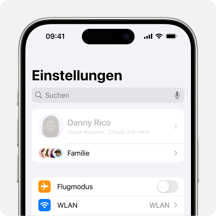 Ein iPhone, auf dem der Name des Besitzers oben in den Einstellungen ausgegraut ist.