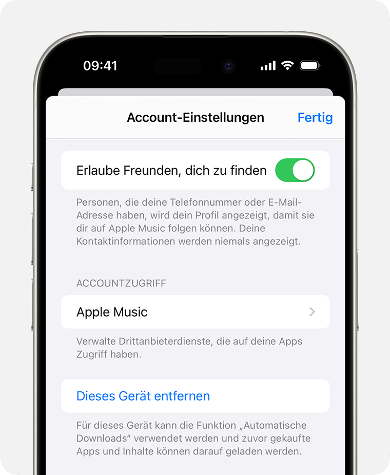 iPhone mit Accounteinstellungen und der Option zum Entfernen dieses Geräts.