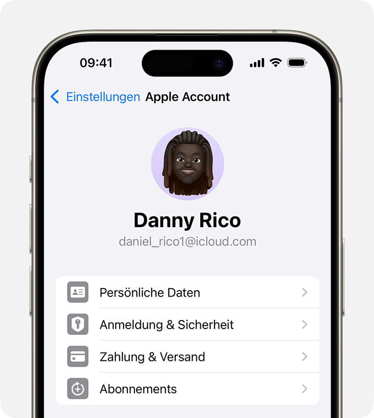 Apple Account-Einstellungen in der Einstellungen-App auf dem iPhone.