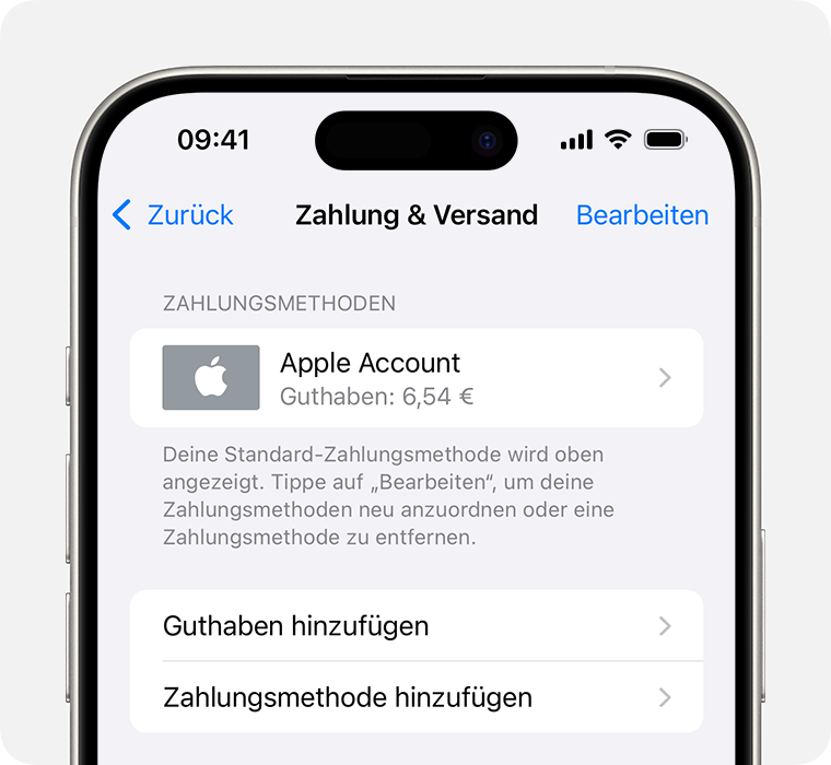 Ein iPhone Bildschirm mit den Zahlungs- und Versandeinstellungen für den Apple Account. Wenn du eine Zahlungsmethode hinzufügen möchtest, tippe auf „Zahlungsmethode hinzufügen“.