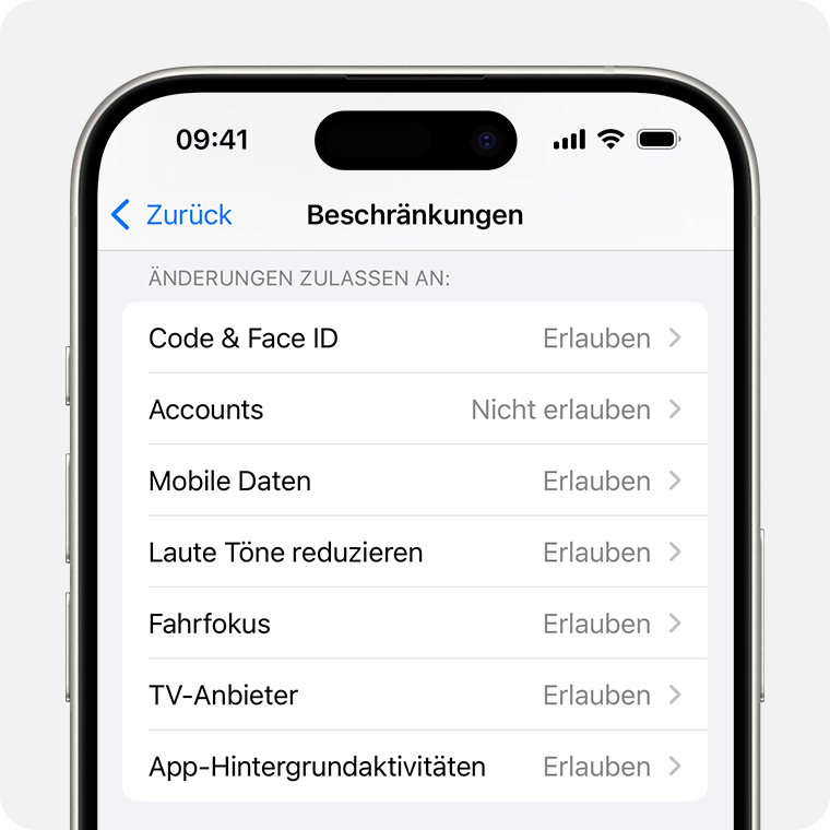 Ein iPhone, auf dem die „Beschränkungen“ angezeigt werden, die du unter „Bildschirmzeit“ aktivieren kannst.