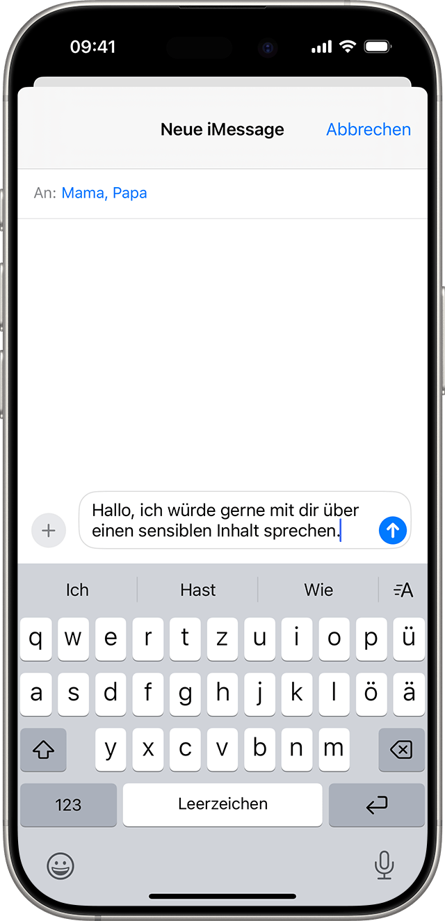 „Kommunikationssicherheit“ fordert dein Kind auf, eine Nachricht an einen Erwachsenen, dem es vertraut, zu senden.