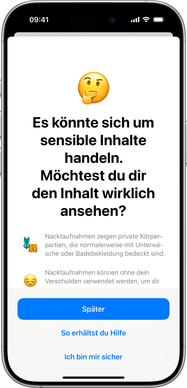 Die Kommunikationssicherheit stellt sicher, dass das Kind möglicherweise sensible Inhalte sehen möchte, und bietet Möglichkeiten, Unterstützung zu erhalten.