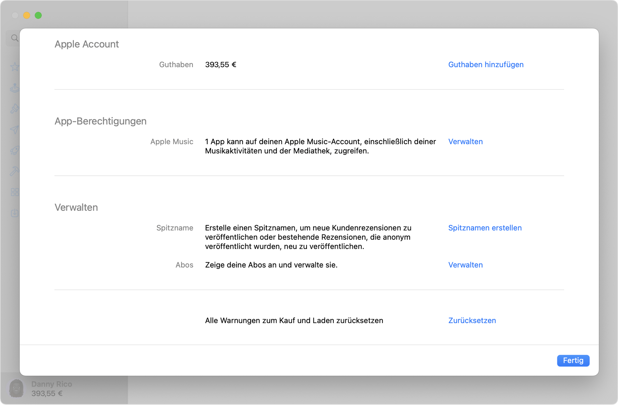 Apple Account-Einstellungen im App Store auf dem Mac.