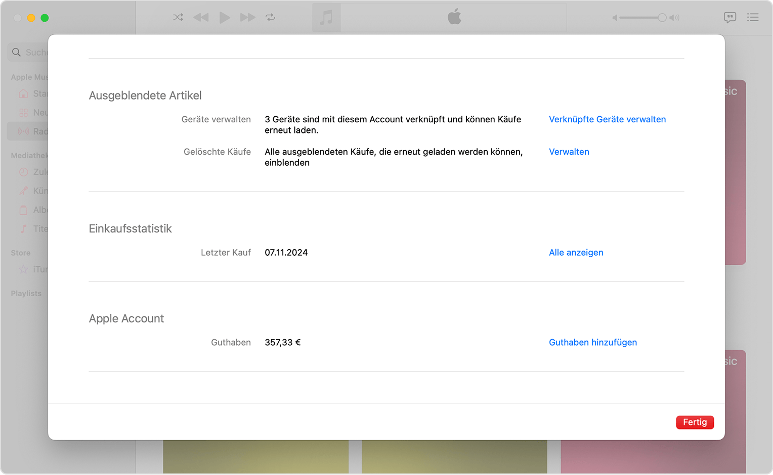 Musik-App auf dem Mac mit Accounteinstellungen und der Option zum Verwalten verknüpfter Geräte.