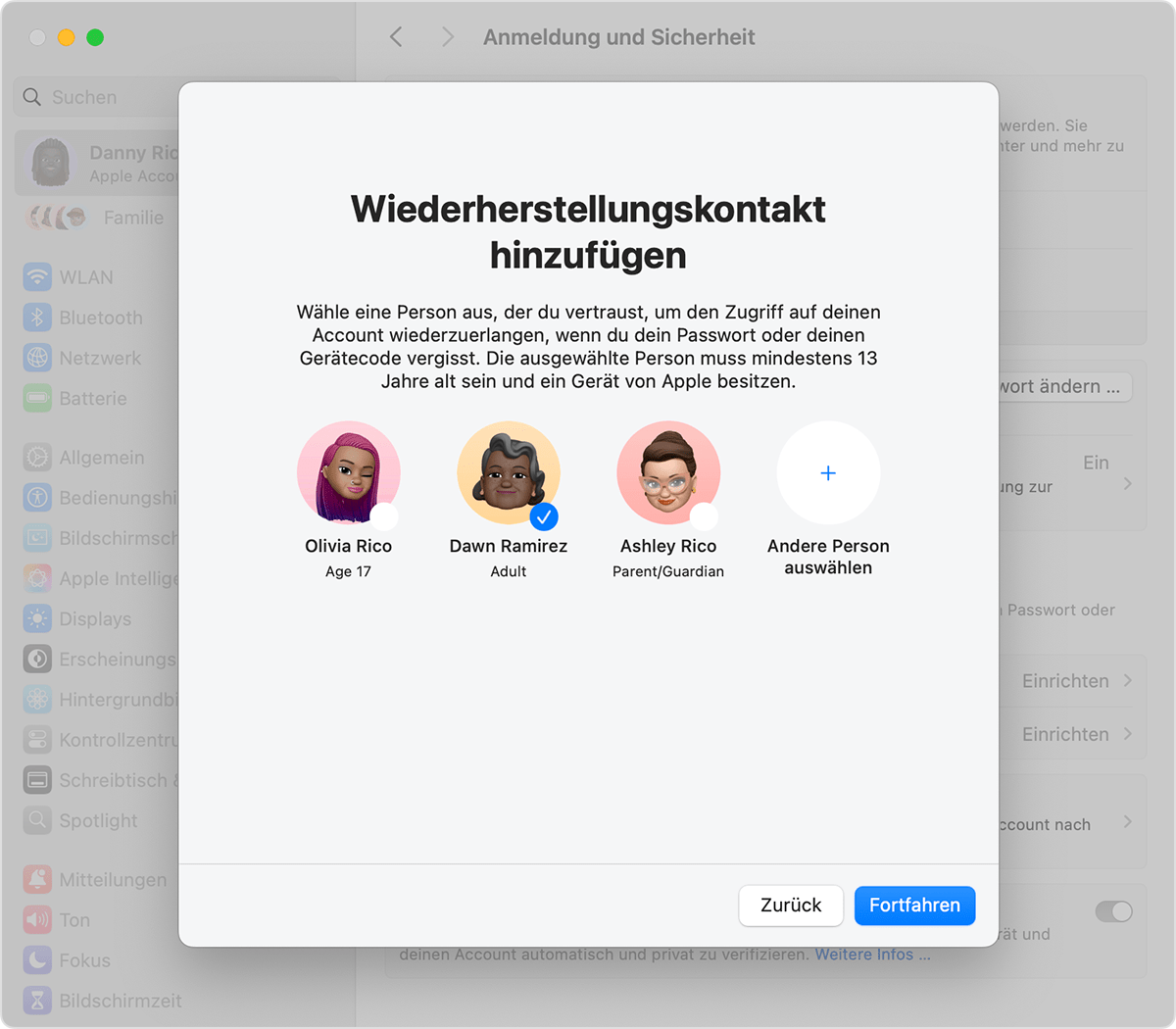 Mac mit Kontakten, die als Kontakt für die Wiederherstellung hinzugefügt werden können