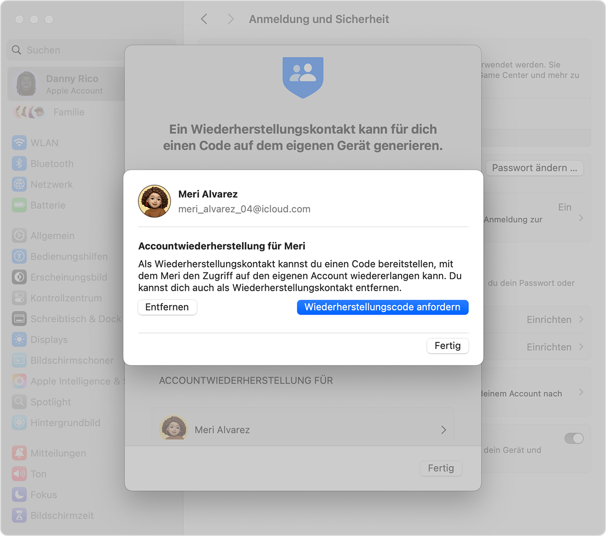 Wiederherstellungscode für einen Freund oder ein Familienmitglied auf dem Mac anfordern.