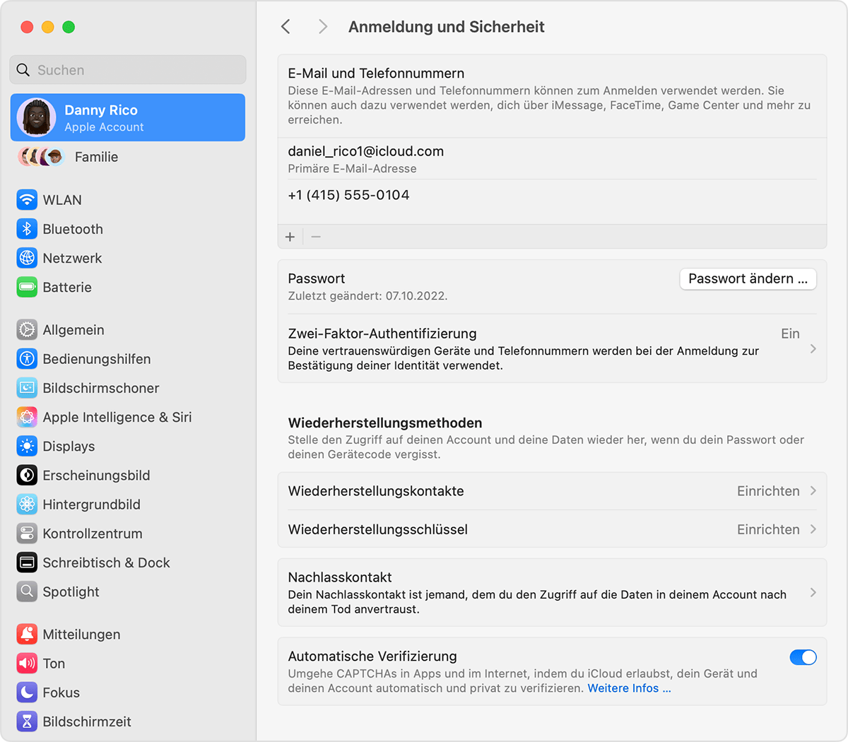 Mac mit den Systemeinstellungen und dem Hinzufügen eines Kontakts für die Wiederherstellung