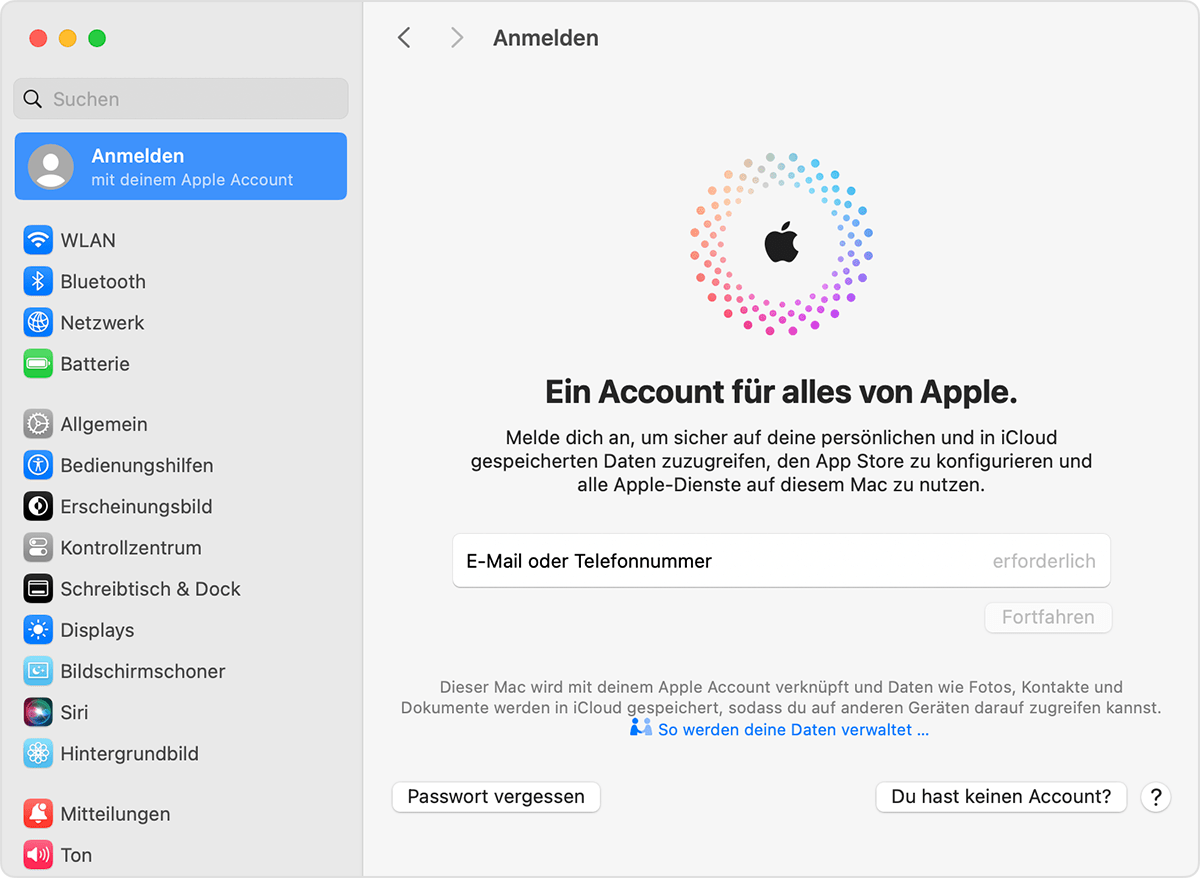 Anmeldung mit Ihrem Apple-Konto auf dem Mac