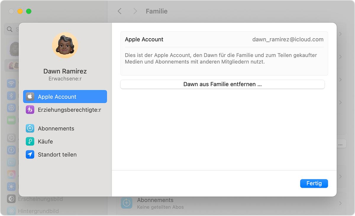 Mac-Bildschirm mit dem Schritt zum Entfernen einer Person aus deiner Familienfreigabegruppe