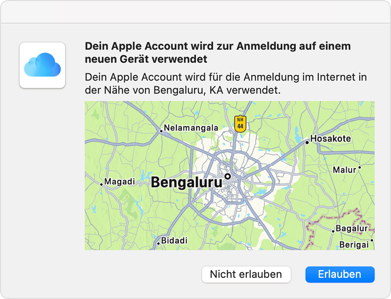 Karte mit einer gut sichtbaren Kennzeichnung der Stadt Washington, DC. Der Untertitel gibt an, dass ein Apple Account für die Anmeldung im Internet in der Nähe der Stadt Ashburn im Staat Virginia verwendet wird.