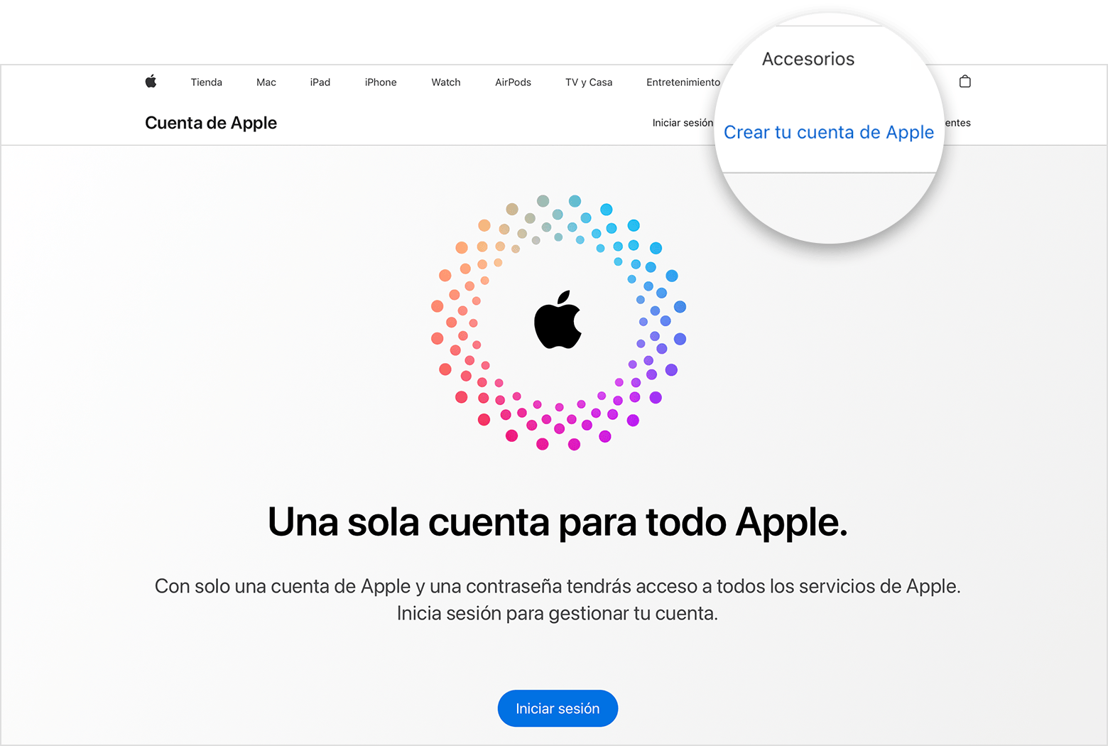 Pantalla web que muestra el enlace Crear tu cuenta de Apple