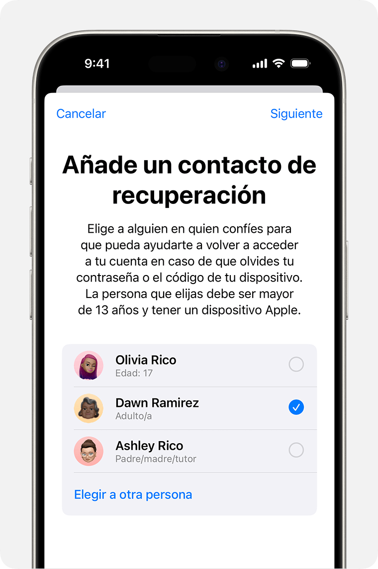 iPhone que muestra los contactos que puedes añadir como contacto de recuperación