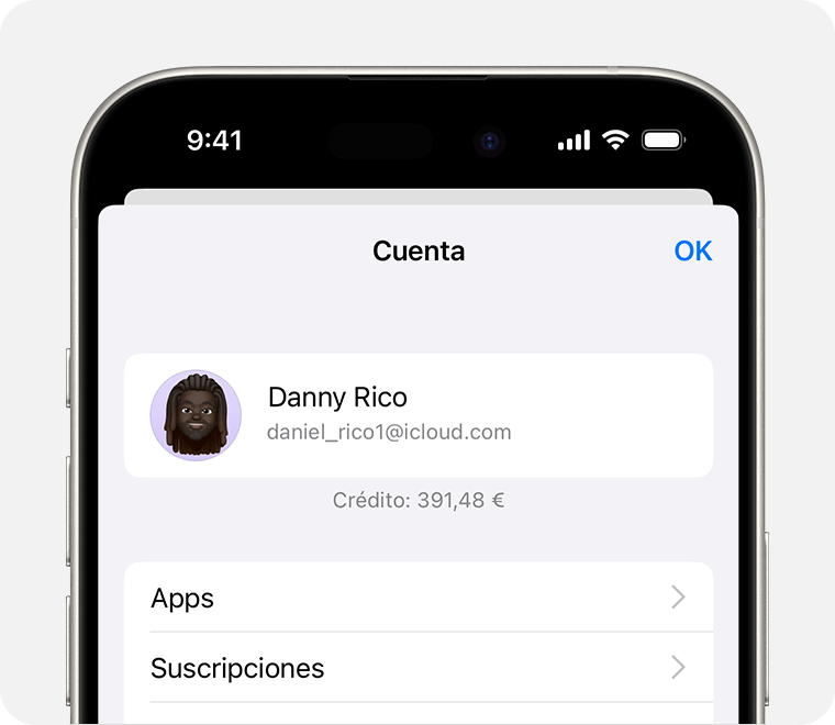 La pantalla Cuenta en el App Store en iOS, con el saldo de la cuenta.