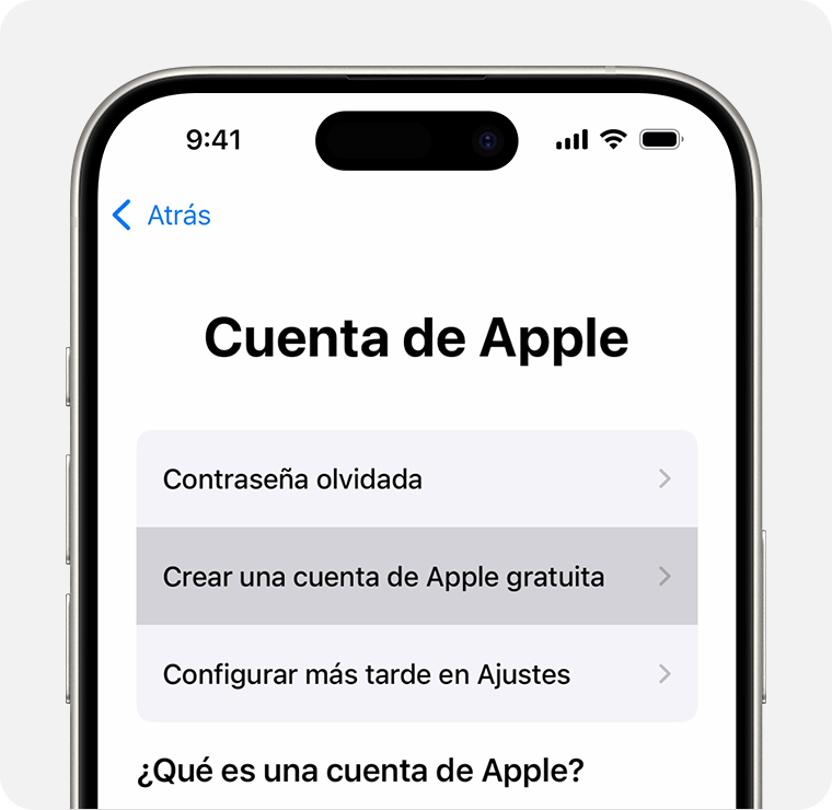 Pantalla del iPhone que muestra la opción para seleccionar Crear una cuenta de Apple gratuita