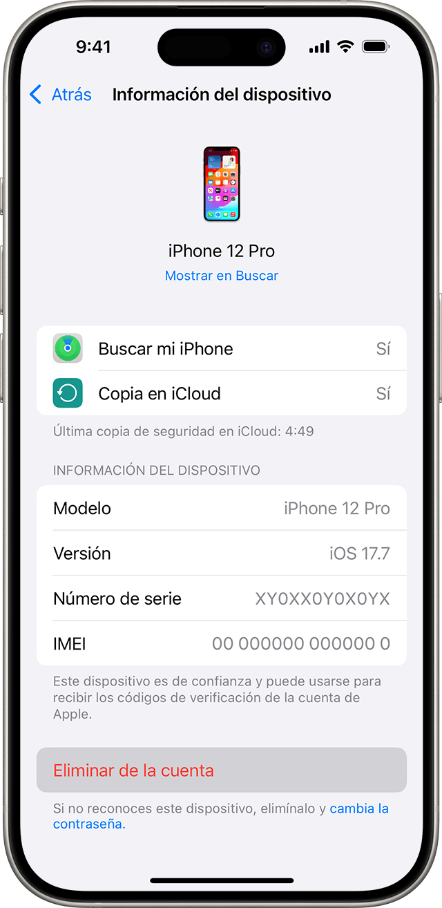 iPhone con el botón Eliminar de la cuenta para un dispositivo