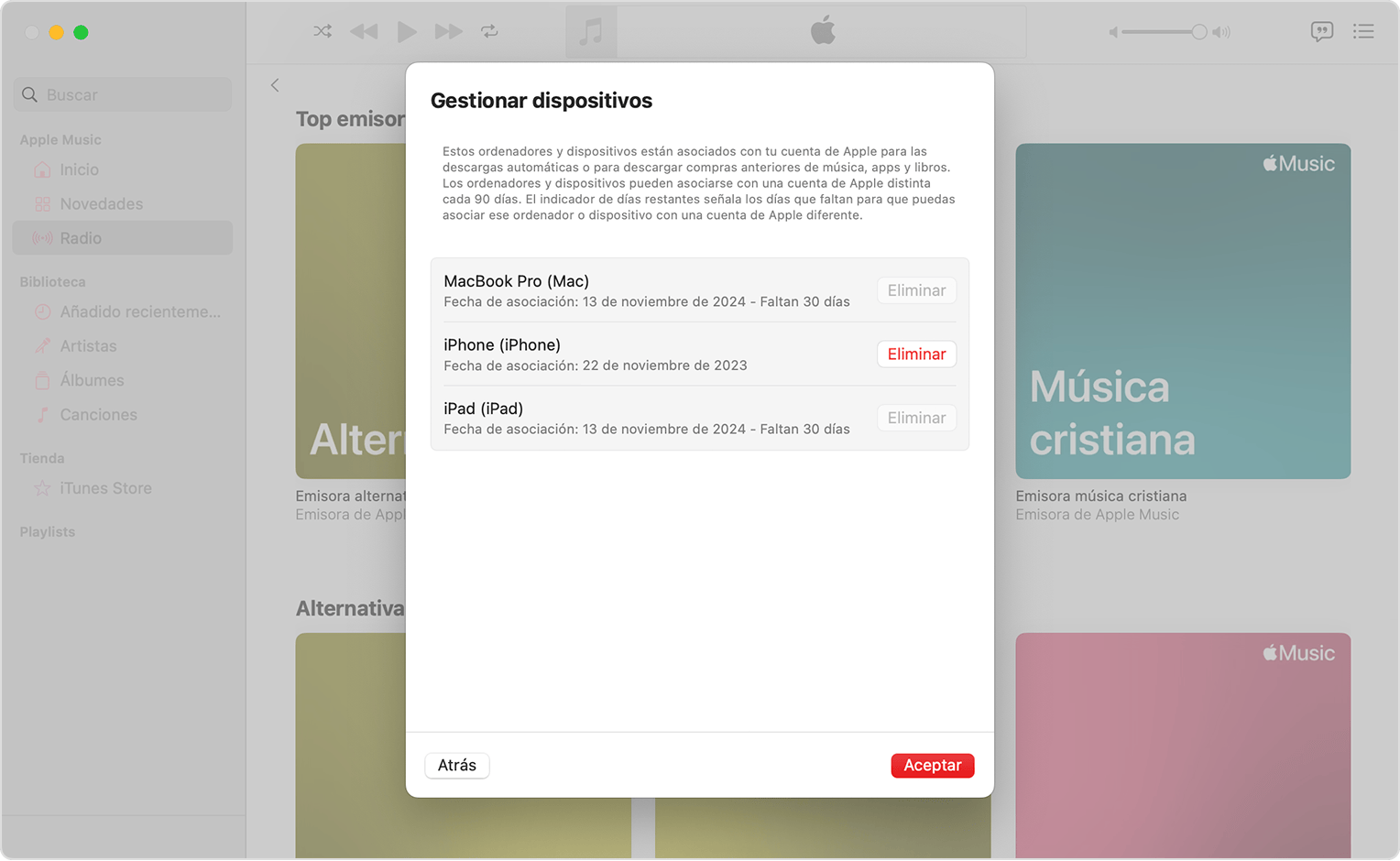 App de música en el Mac que muestra Gestionar dispositivos y una lista de dispositivos con un botón Eliminar junto a cada uno de ellos.