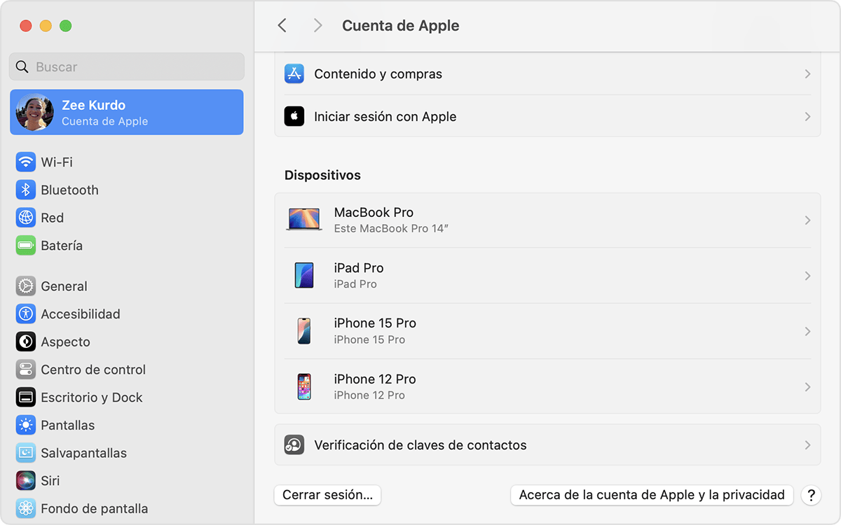 Ajustes del Sistema del Mac donde se muestra una lista de dispositivos