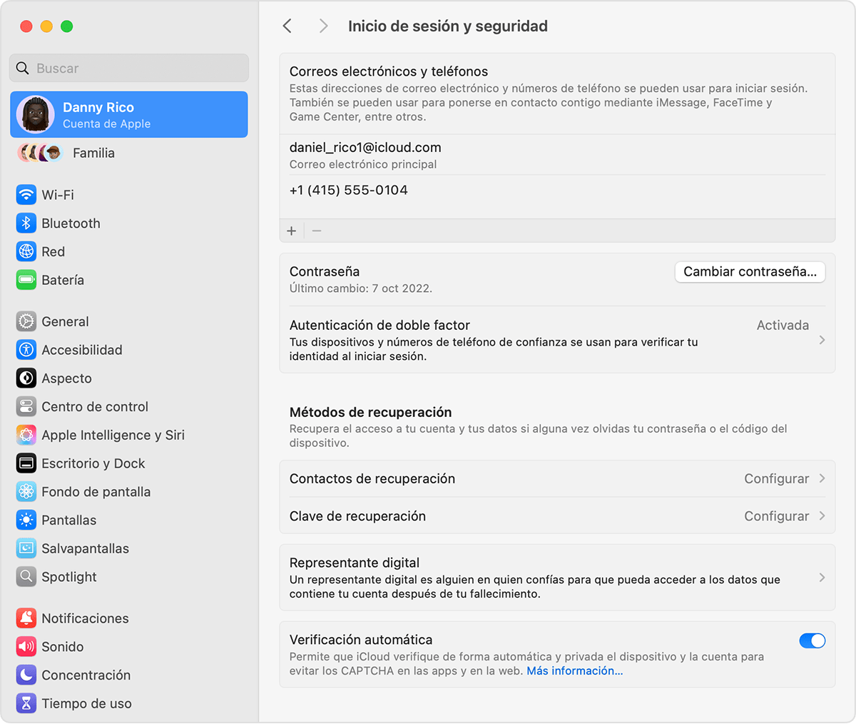 Mac que muestra la configuración del sistema y cómo añadir un contacto de recuperación