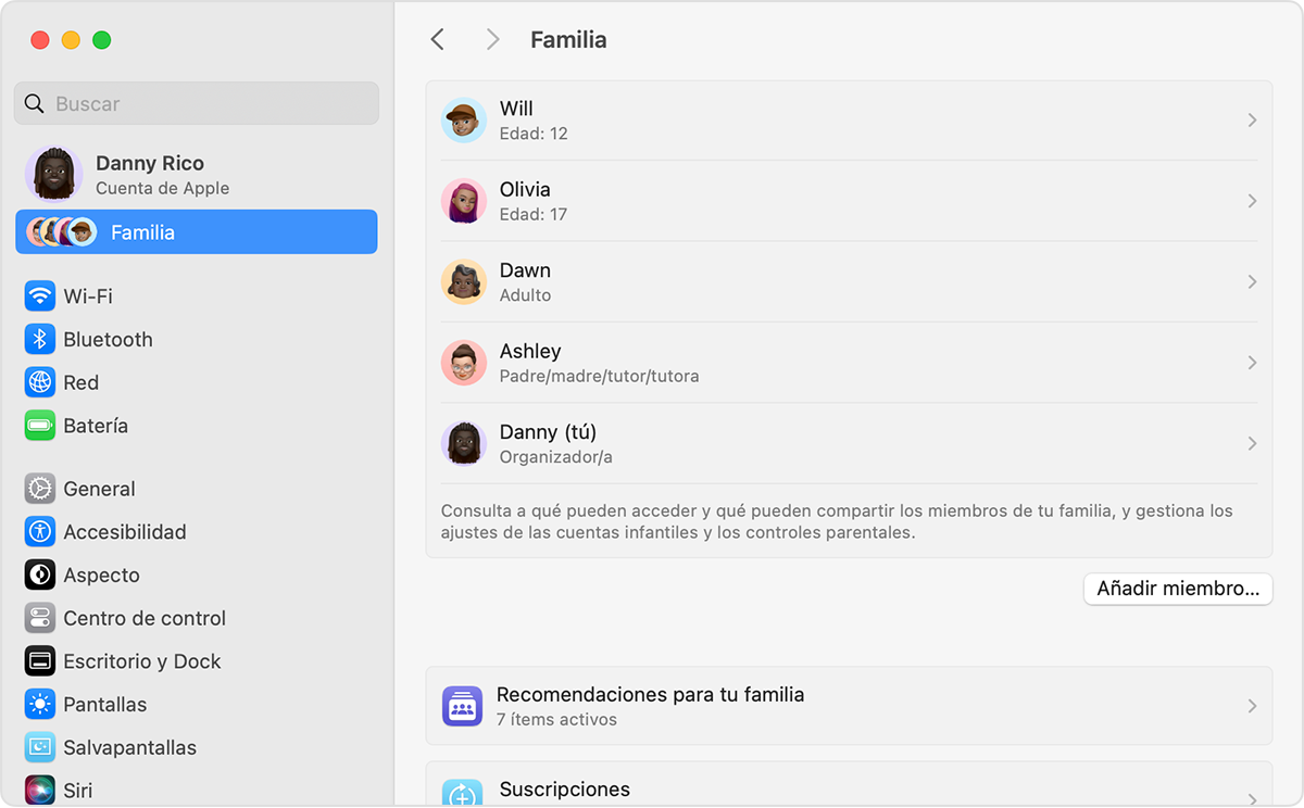 Pantalla de macOS que muestra los pasos para añadir a un miembro a tu grupo de En familia.