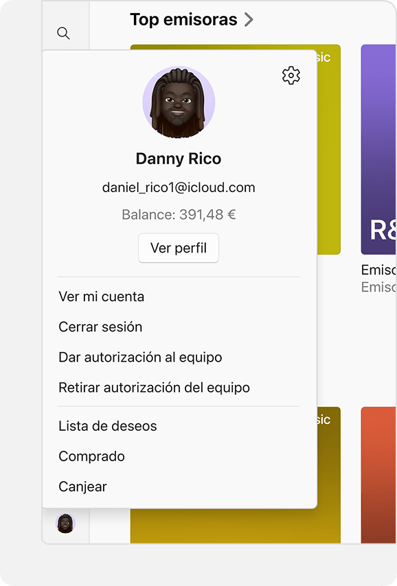Menú Cuenta en Apple Music para Windows que muestra el saldo de la cuenta.