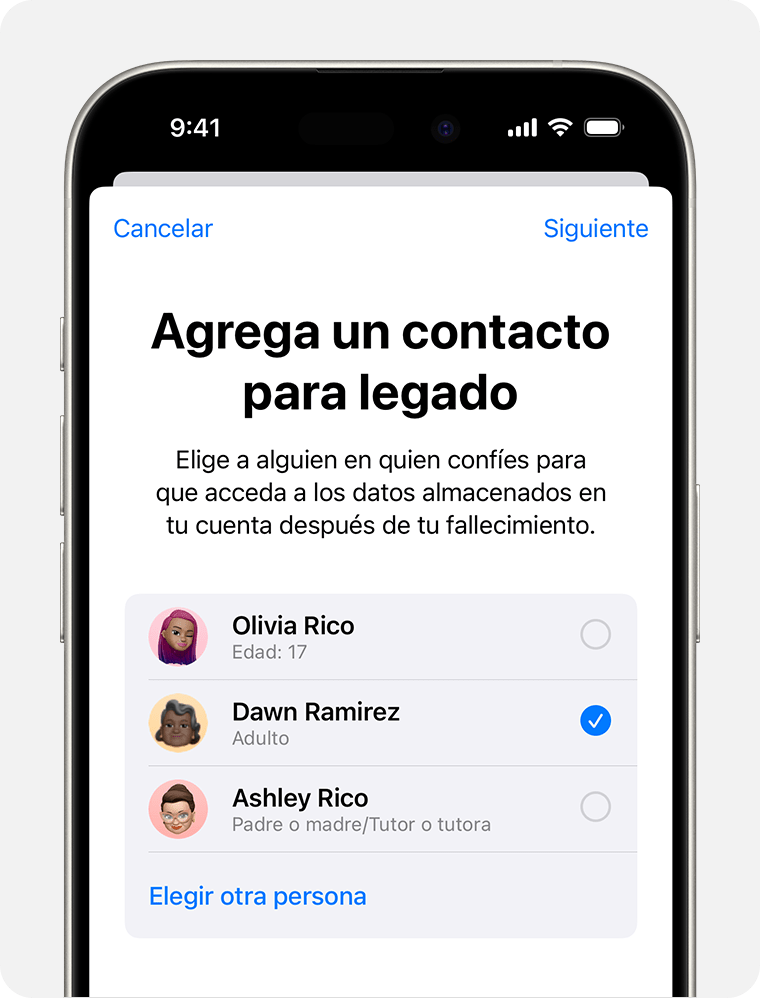 iPhone en el que se muestra a los miembros de Compartir en familia que puedes agregar como contacto para legado