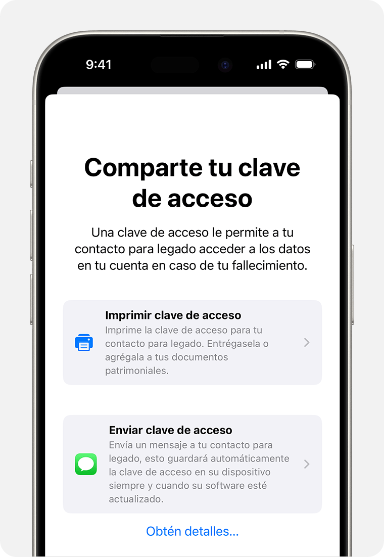 iPhone en el que se muestran opciones para compartir una clave de acceso con un contacto para legado