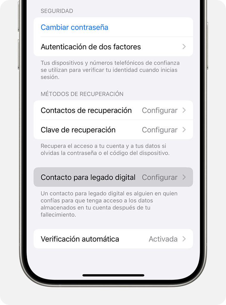 iPhone en el que se muestra cómo agregar un contacto para legado