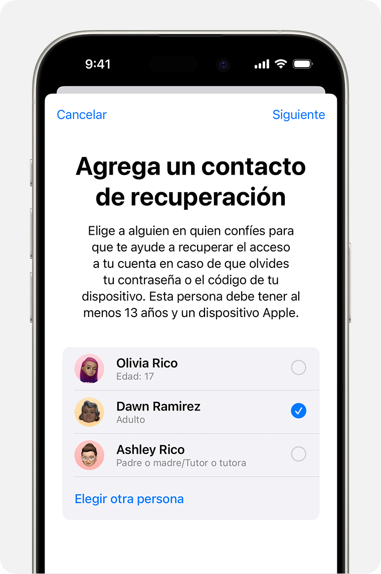 iPhone donde se muestran los contactos que puedes agregar como contacto de recuperación