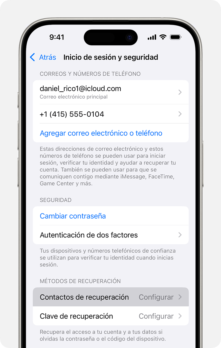 iPhone donde se muestra la configuración de la cuenta de Apple y cómo agregar un contacto de recuperación