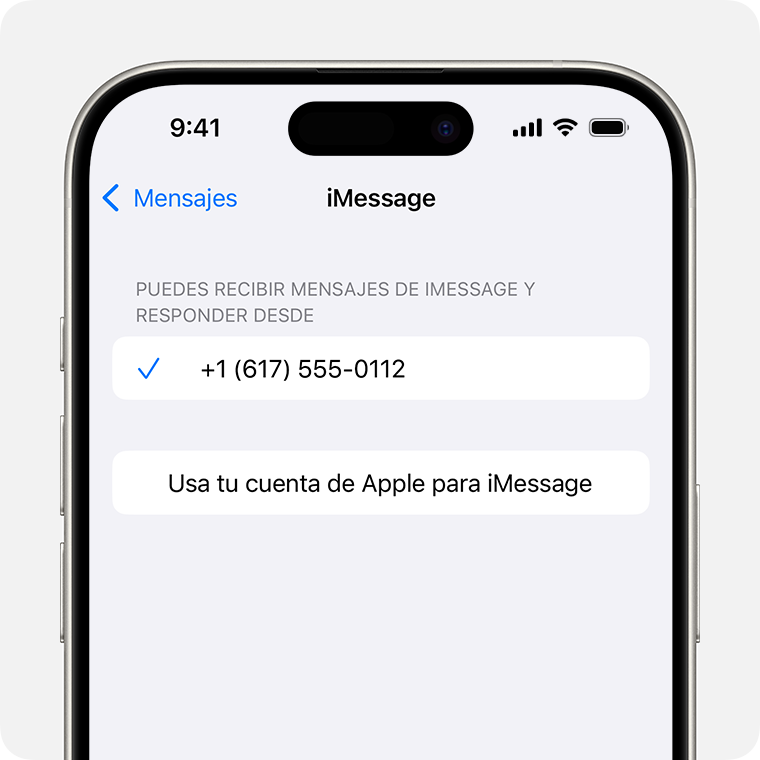 Un iPhone en el que se muestra la pantalla de configuración de iMessage. En la parte inferior, aparece el botón Usa tu cuenta de Apple para iMessage que puedes tocar a fin de usar tu cuenta de Apple para enviar y recibir mensajes de iMessage.