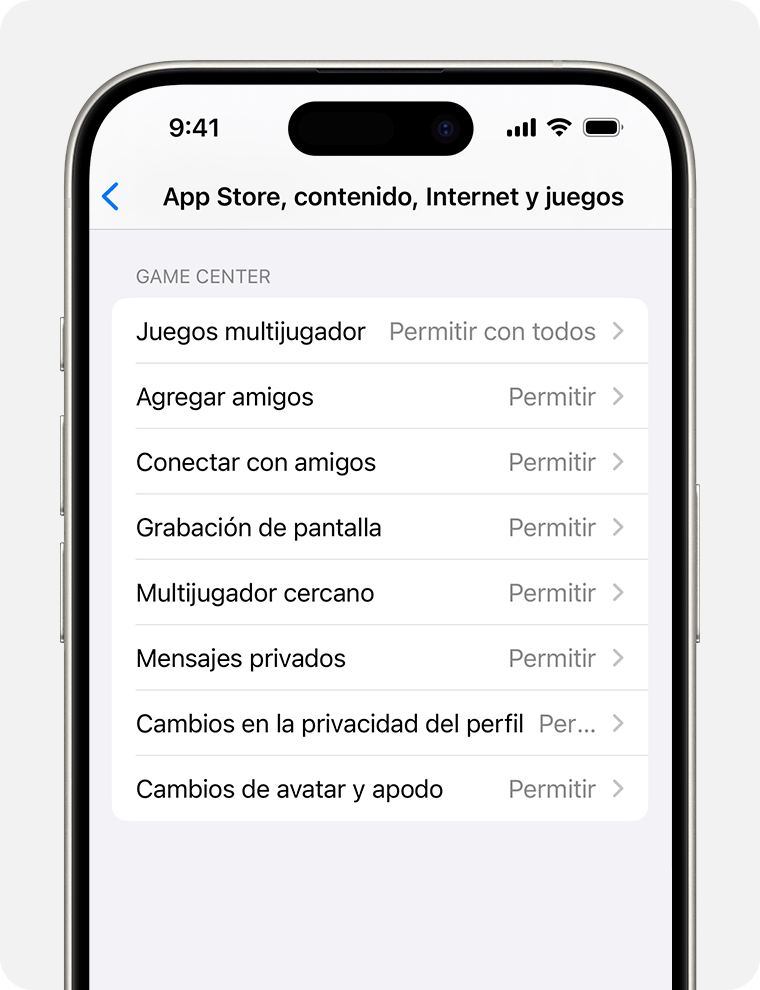 Pantalla de iPhone que muestra las opciones de restricciones de contenido para los controles parentales