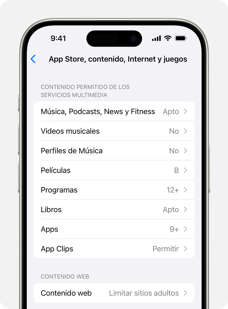 Pantalla de iPhone que muestra las opciones de restricciones de contenido